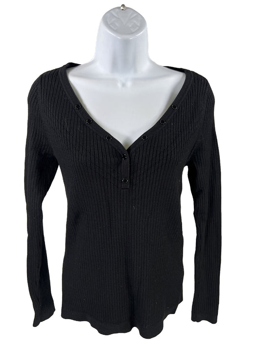 NEW White House Black Market Womens Black Rib Snap Long Sleeve Sweater -M