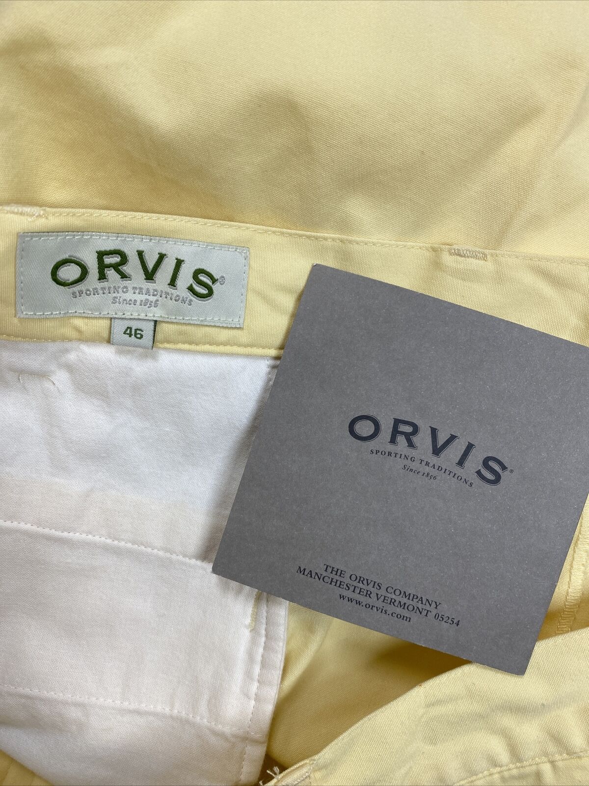 NUEVOS pantalones cortos chapados en popelina de elefante 100% algodón amarillo Orvis para hombre - 46