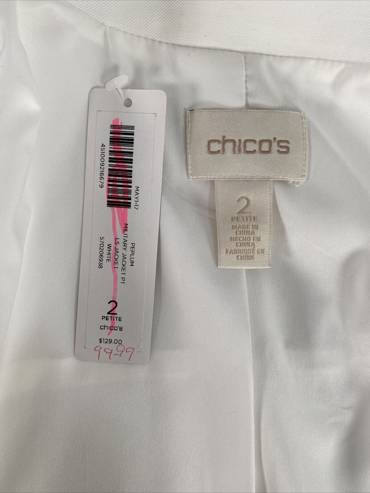NEW Chico's Women's White Peplum Military Jacket Blazer - 2 Petite