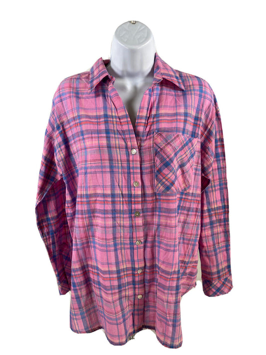 Camisa con botones de manga larga a cuadros rosa para mujer - S