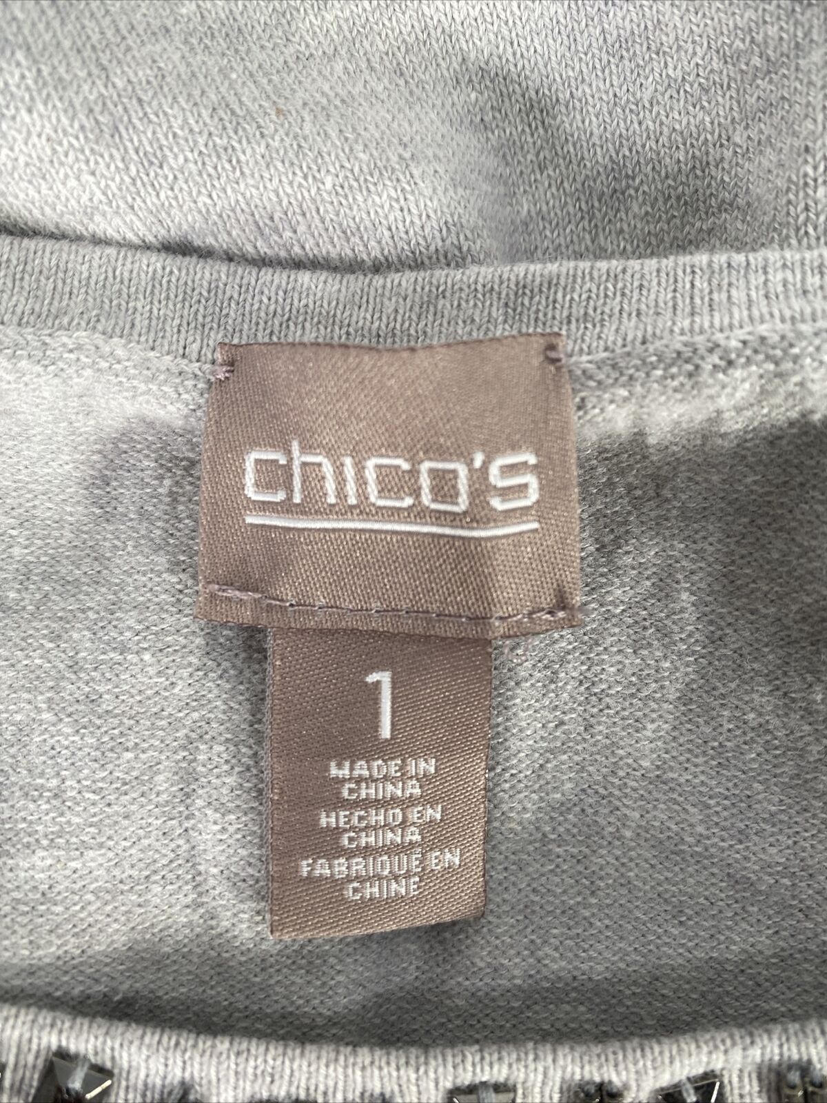 Chico's Women's Gray Beaded Neck Long Sleeve Sweater - 1/US M
