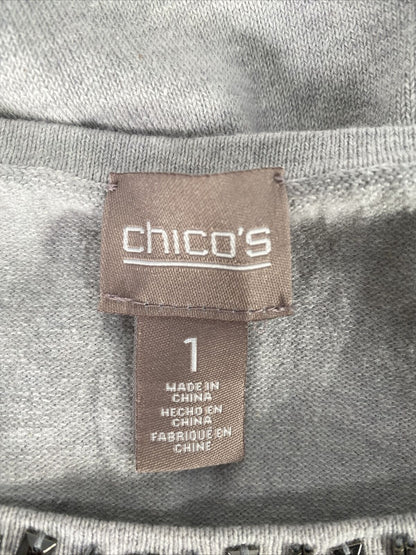 Chico's Suéter de manga larga con cuello de cuentas gris para mujer - 1/US M