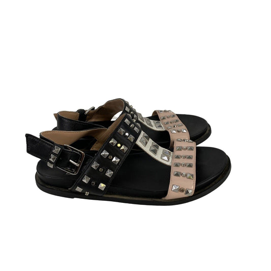 Linea Paolo Women's Black Leather Studded T-Strap Sandals - 6