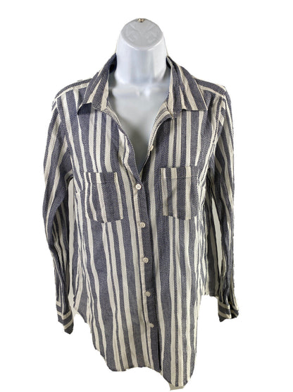 LOFT Women's White/Blue Striped Long Sleeve Button Up Shirt - M