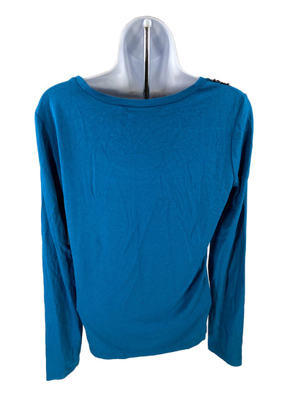 NEW Kate Hill Women's Blue Rhinestone Neck Long Sleeve Top Blouse - M
