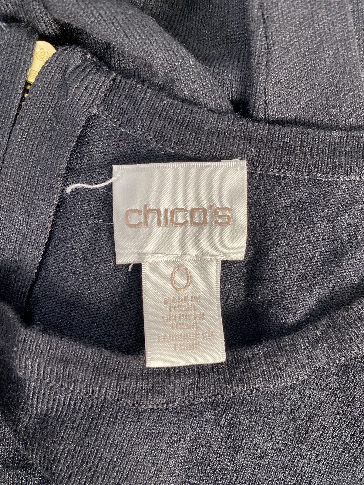 Chico's Chemise en tricot noire à manches longues et fermeture éclair dans le dos pour femme Sz 0/US S