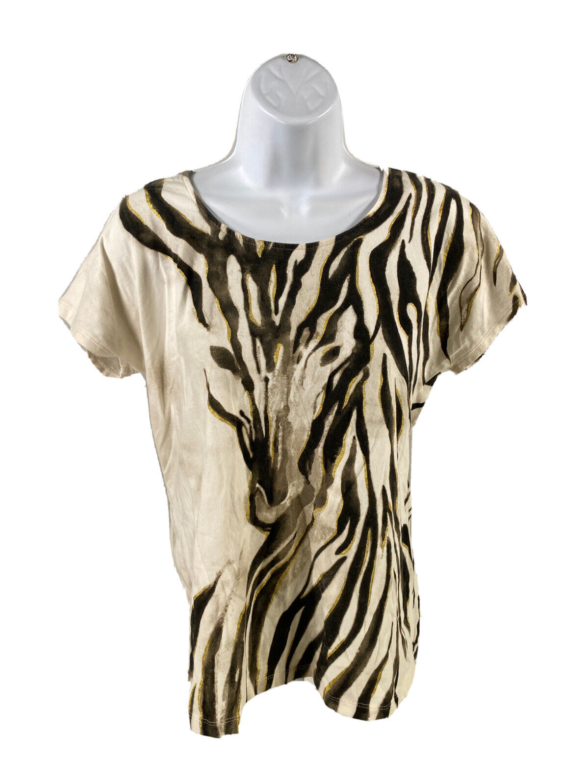 Chico's Women's Brown Metallic Short Sleeve Cotton T-Shirt - 2/US L