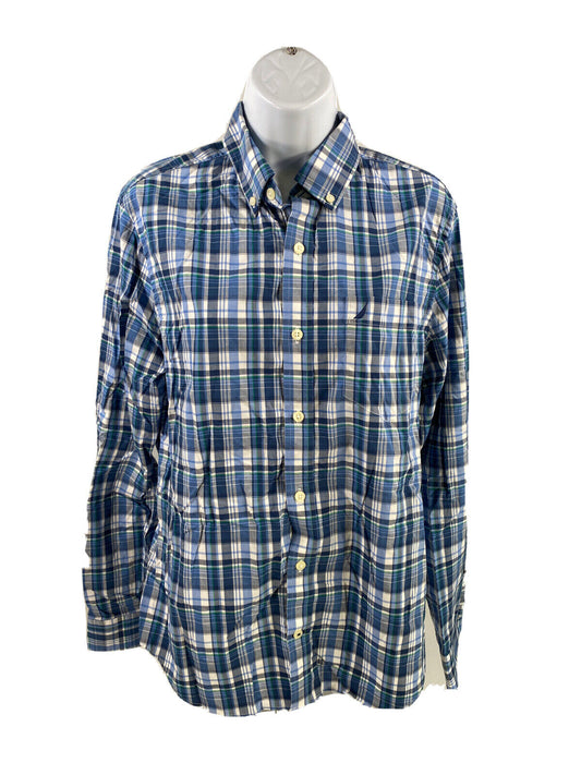 Nautica Camisa casual con botones de manga larga a cuadros azules para hombre - S