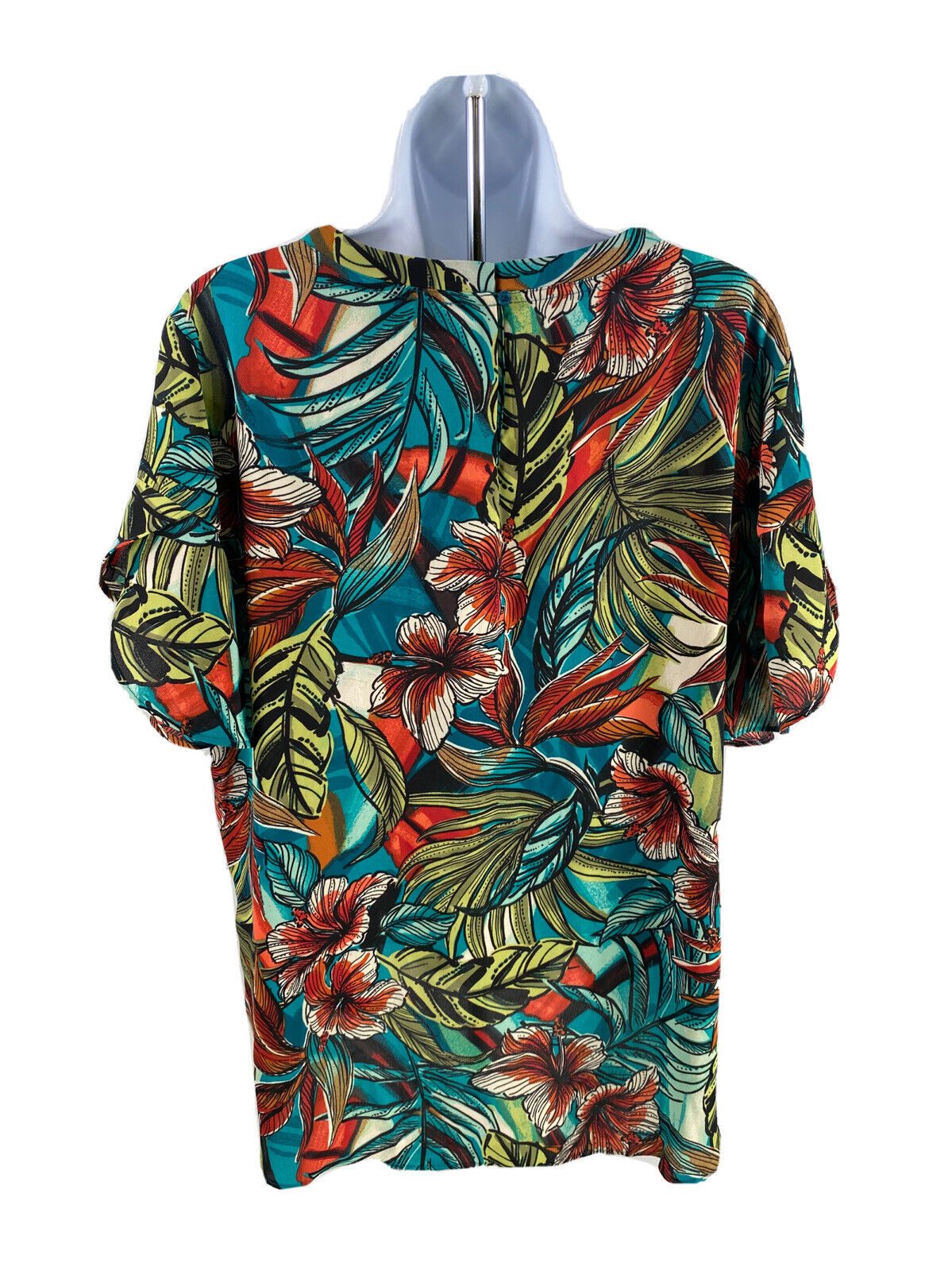 NEW LOFT Women's Multi-Color Short Sleeve Leaf Print Sheer Blouse - L