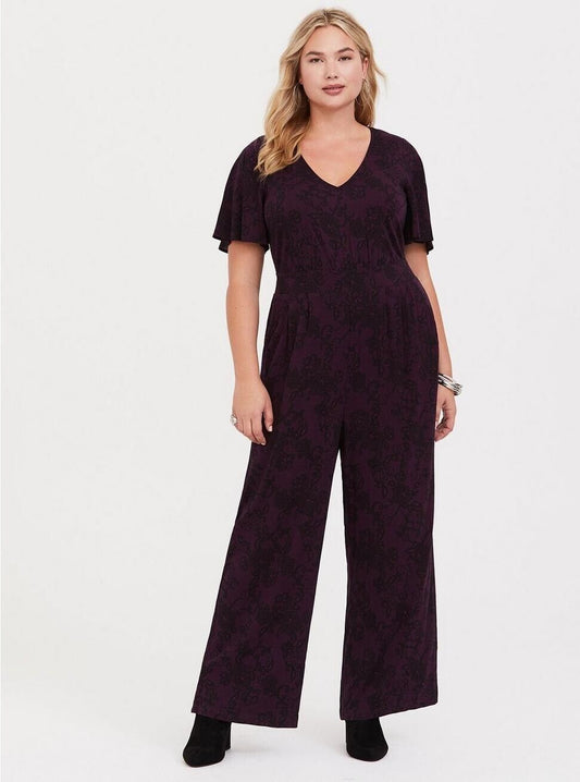 NEW Torrid Women's Purple Short Sleeve Lace Print Jumpsuit - Plus 1