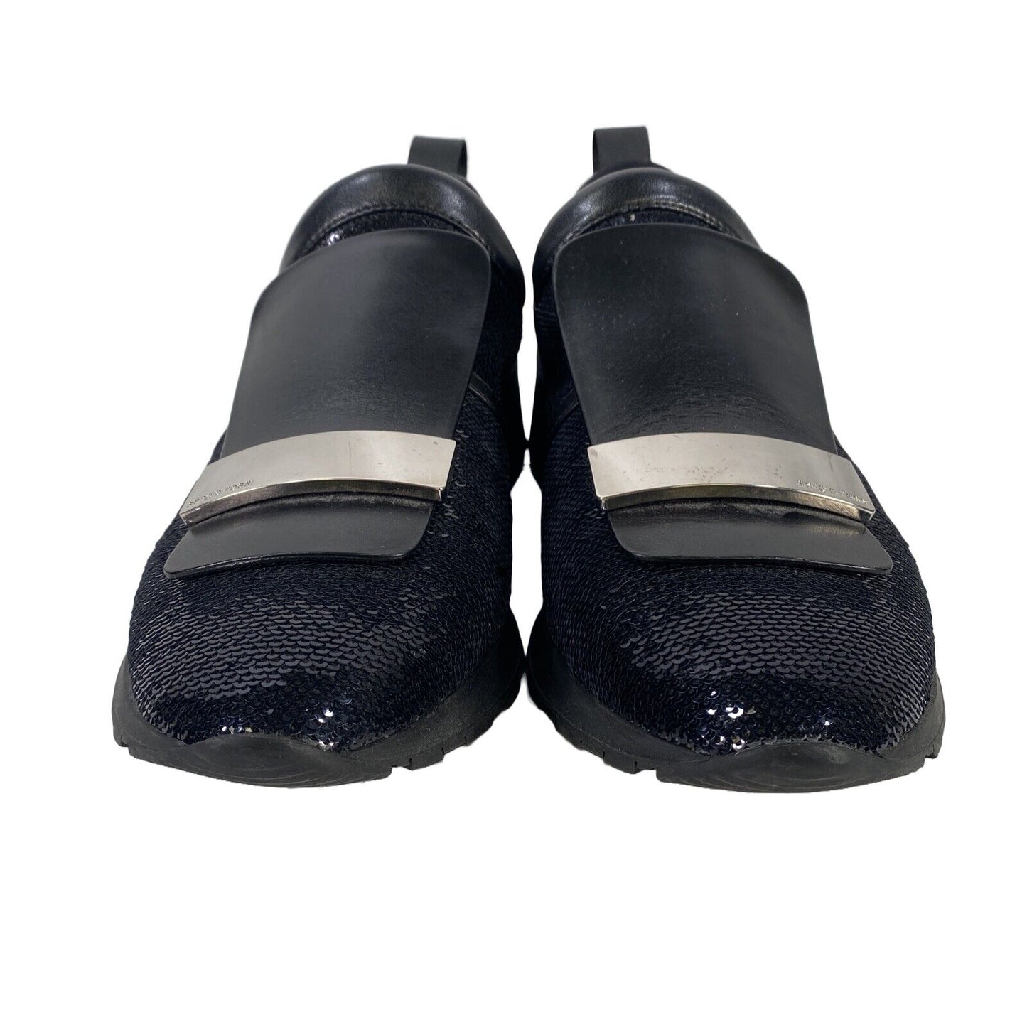 Segio Rossi Zapatillas sin cordones de cuero de buceo con lentejuelas negras para mujer - 38/US 8