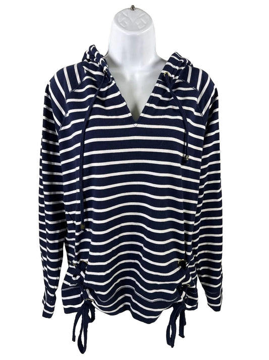 Michael Kors Women's Blue/White Striped Long Sleeve Hooded Shirt - L