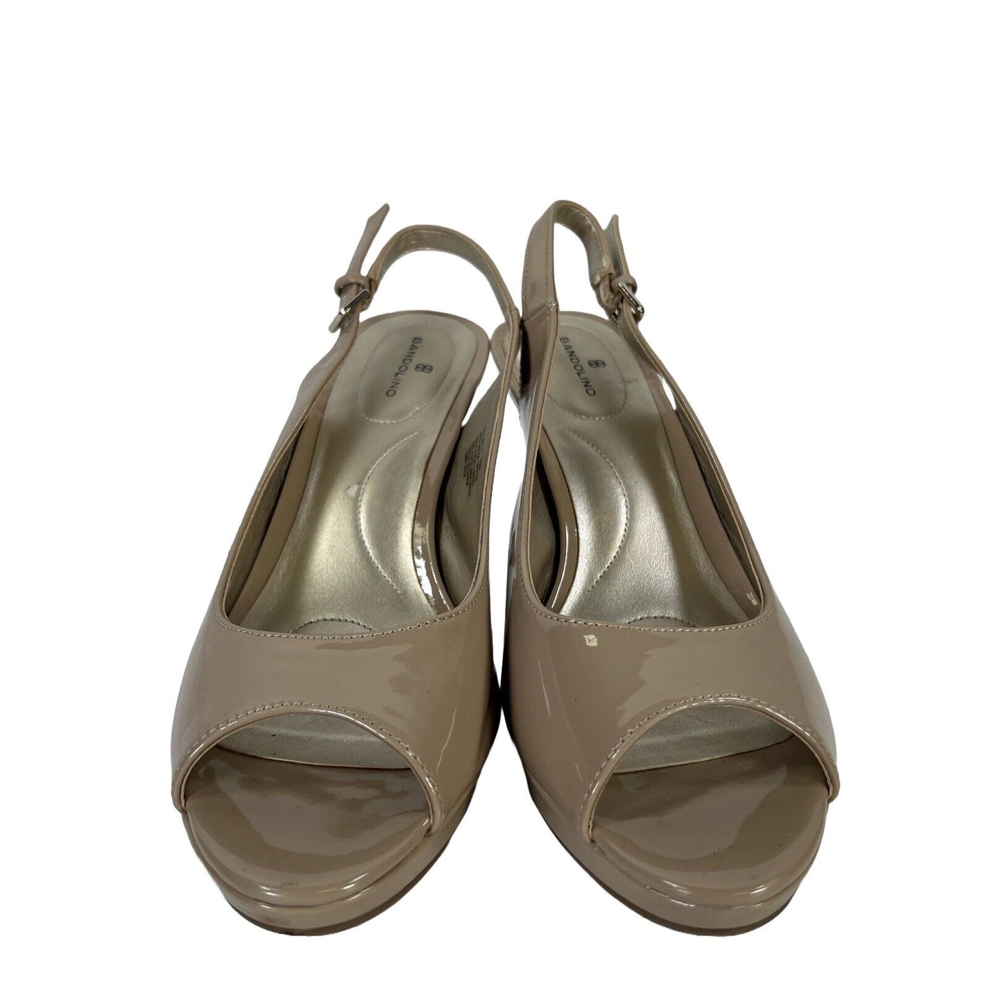 Bandolino Women's Beige Synthetic Patent Open Toe Heels - 10 M