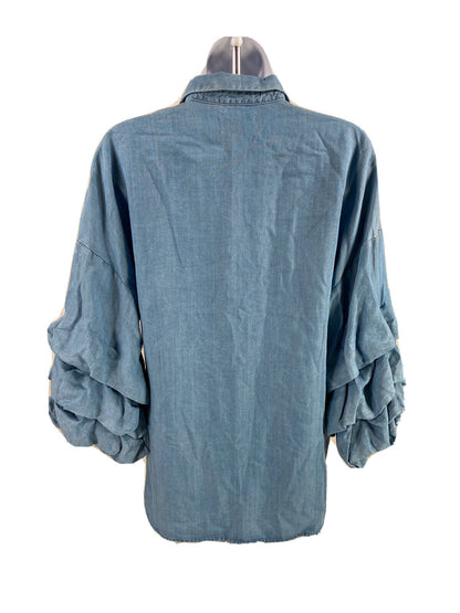NEW Zara Women's Blue The Butterfly 3/4 Sleeve Button Up Shirt - S