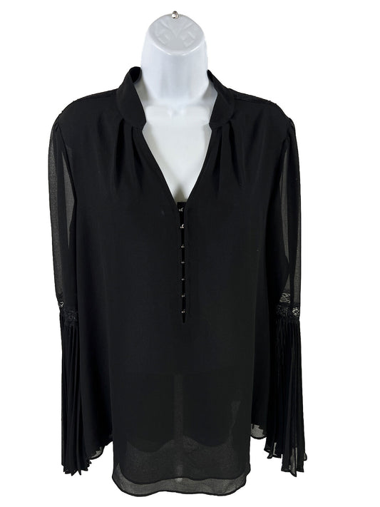 White House Black Market Women's Black Sheer Pleated Sleeve Blouse - 10