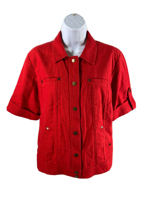 Coldwater Creek Chaqueta con botones de manga corta de lino rojo para mujer - 10