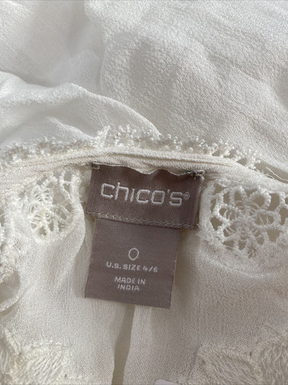 Chico's Blusa blanca de manga 3/4 con cuentas y encaje transparente para mujer - 0 (4/6)