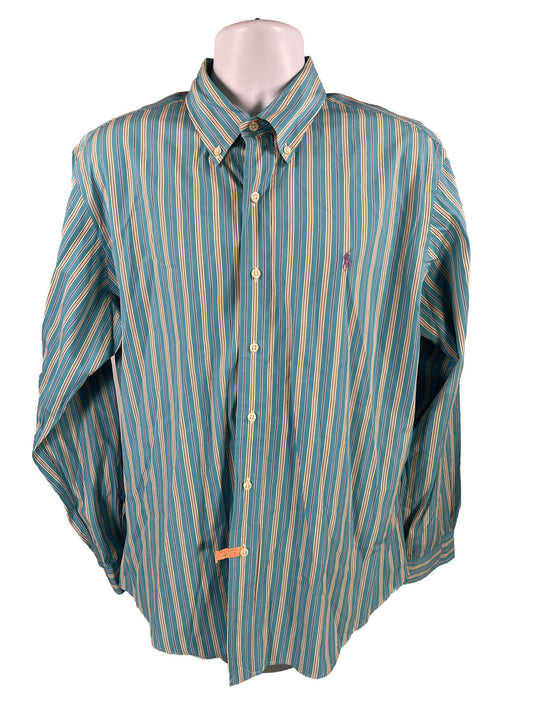 Ralph Lauren Men's Blue Striped Custom Fit Button Down Shirt - XL