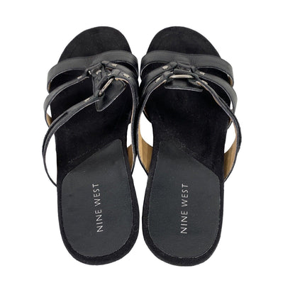 NEW Nine West Women's Black Leather Driven Wedge Sandals - 9
