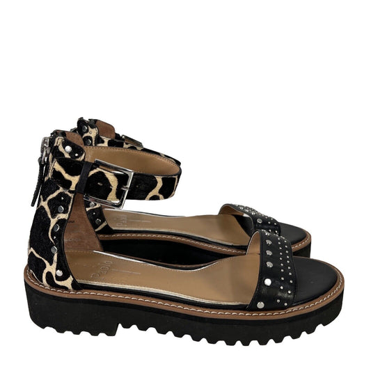 Linea Paolo Women's Black/Beige Ankle Strap Calf Hair Platform Sandals -6