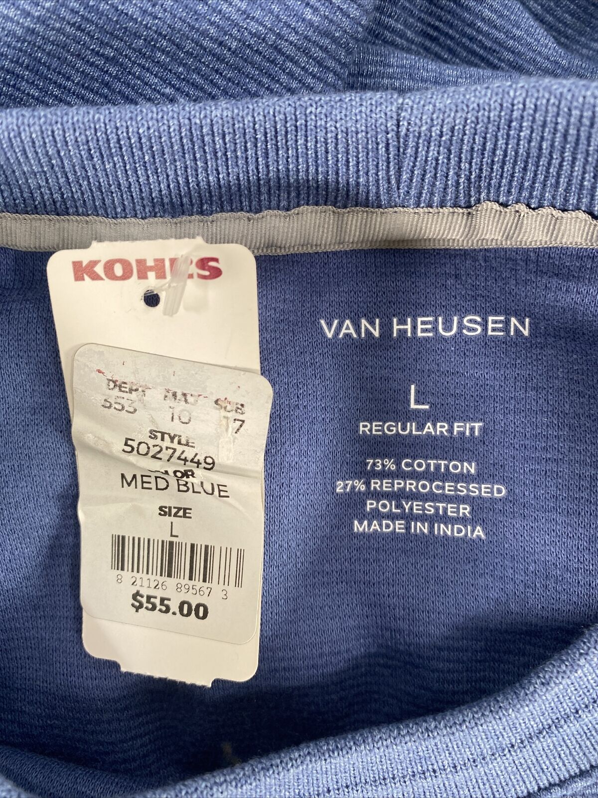 NEW Van Heusen Men's Blue Regular Fit Long Sleeve Ottoman T-Shirt - L