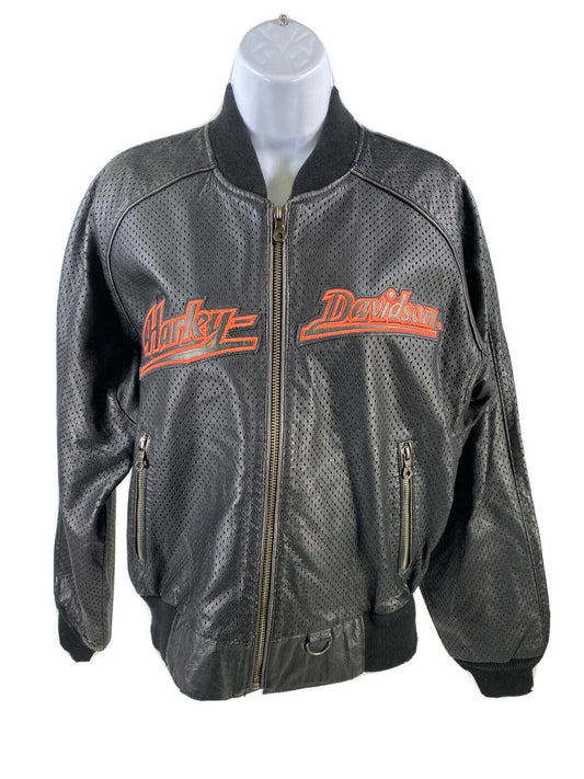 Harley Davidson Women's Black Leather Perforated Full Zip Jacket - M