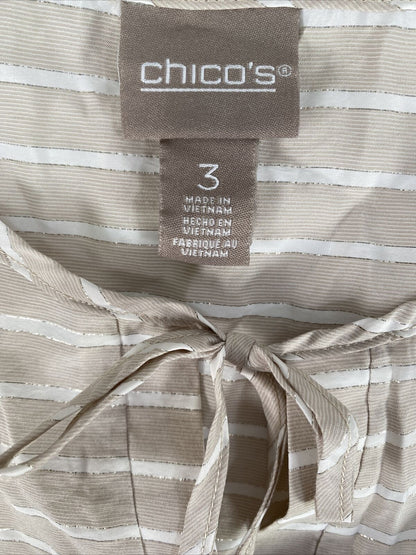Chico's Women's Beige Metallic Striped 3/4 Sleeve Tunic Top - 3/US XL