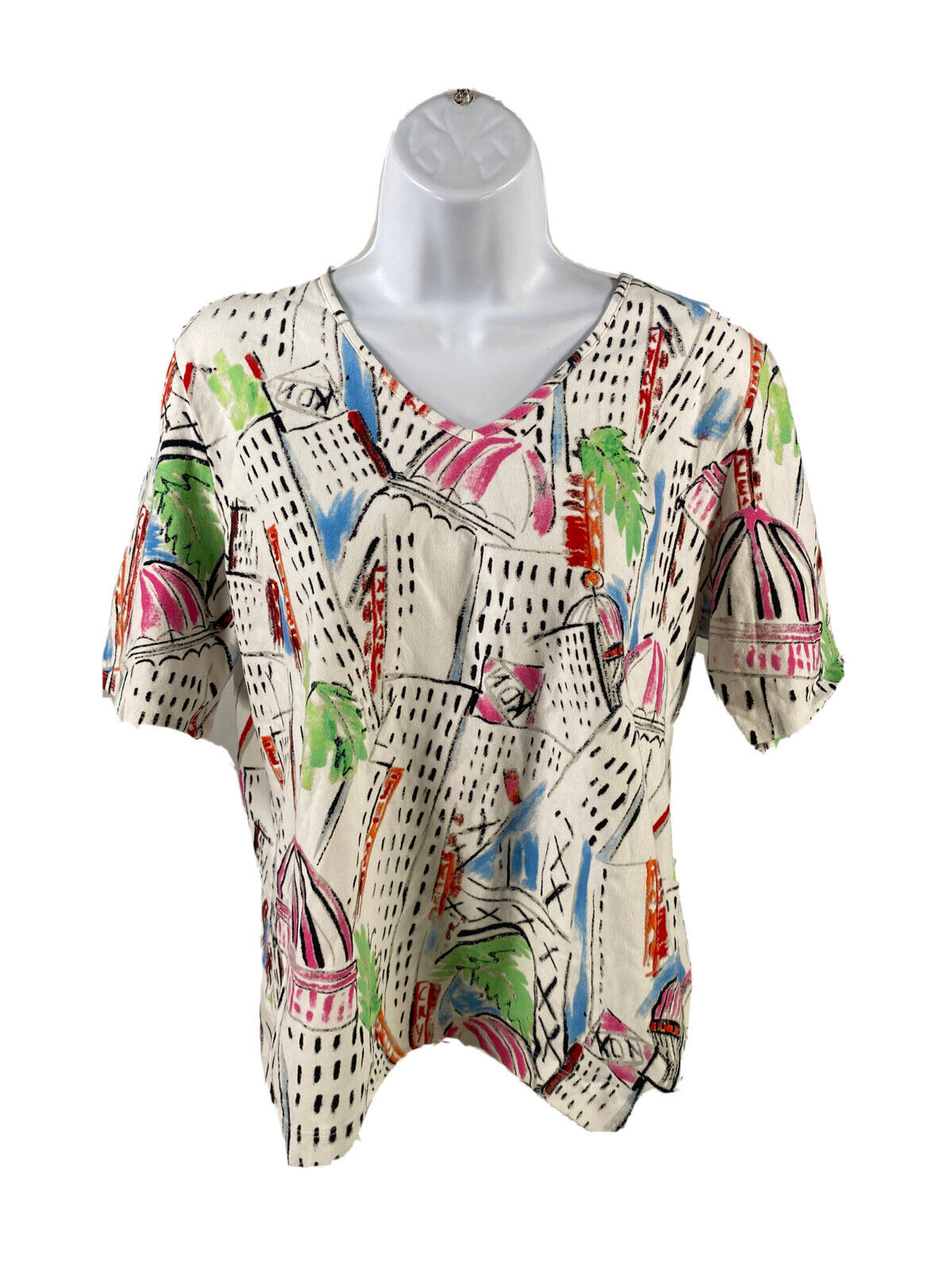 Chico's Women's Multi-Color Short Sleeve V-Neck Cotton T-Shirt - 2/US L