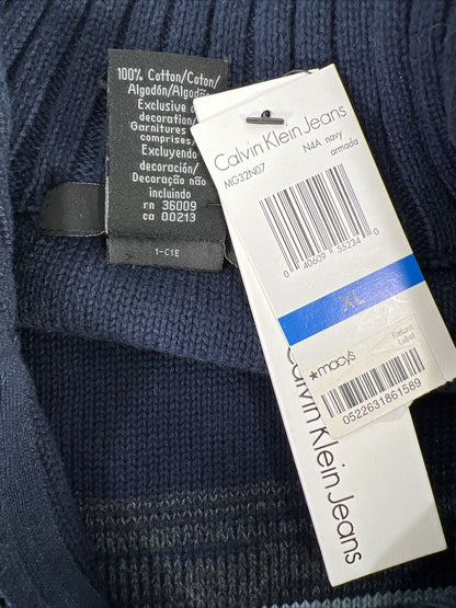 NEW Calvin Klein Men's Navy Blue Striped 1/4 Zip Knit Sweater - XL
