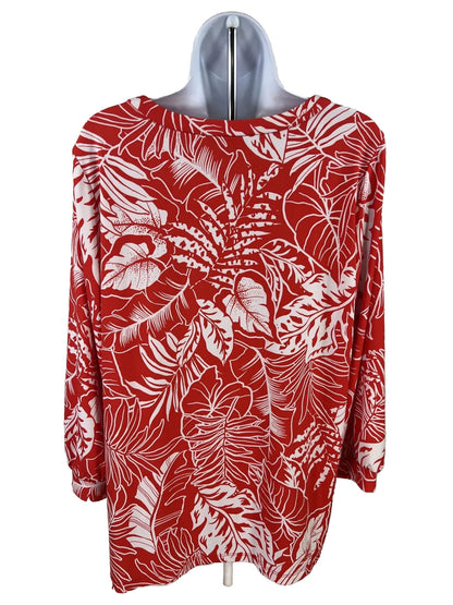Susan Graver Blusa floral roja de manga larga con cuello en V para mujer - L