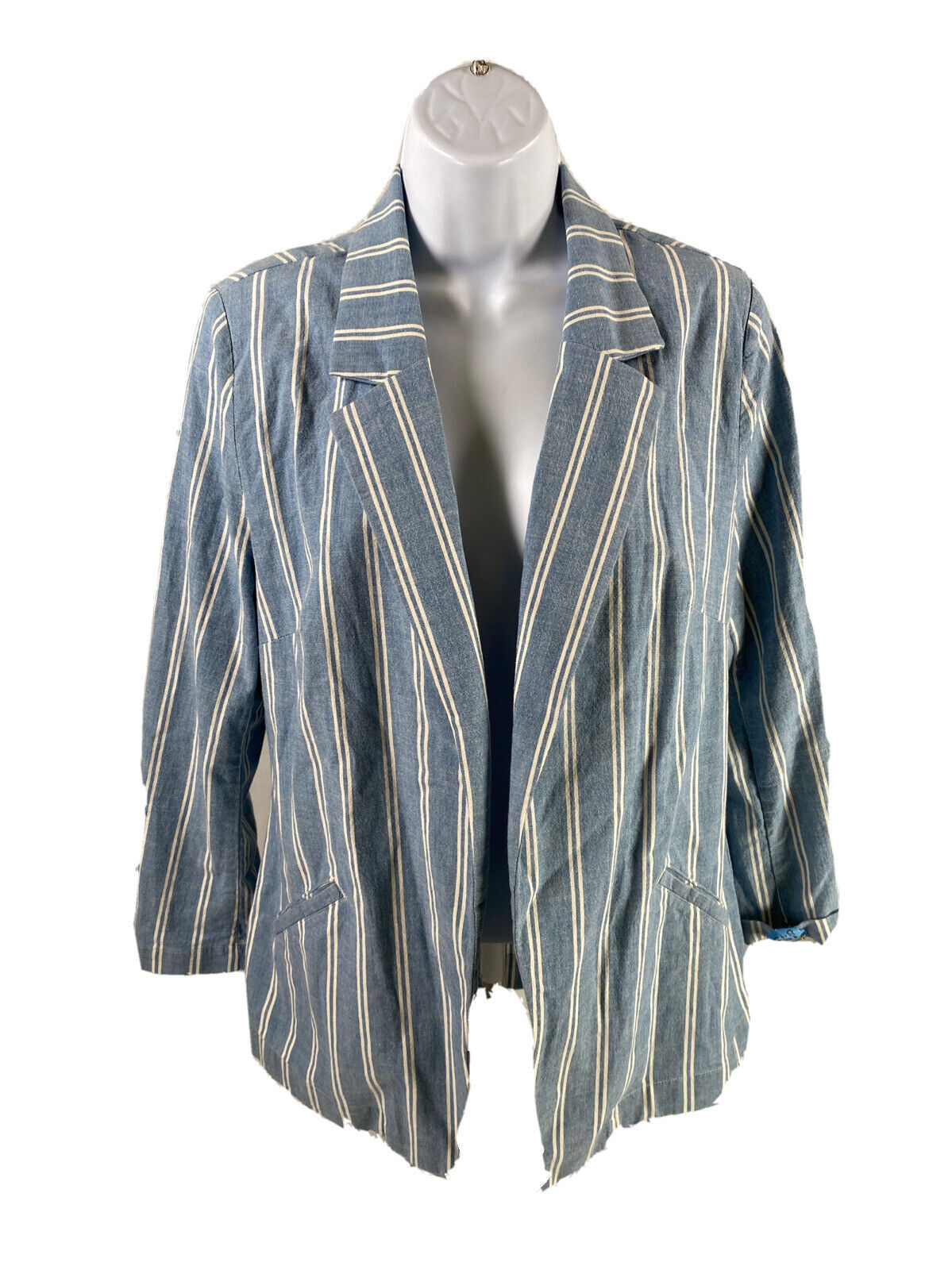 Chico's Women's Blue/White Striped Long Sleeve Blazer Jacket - 1 (US M)