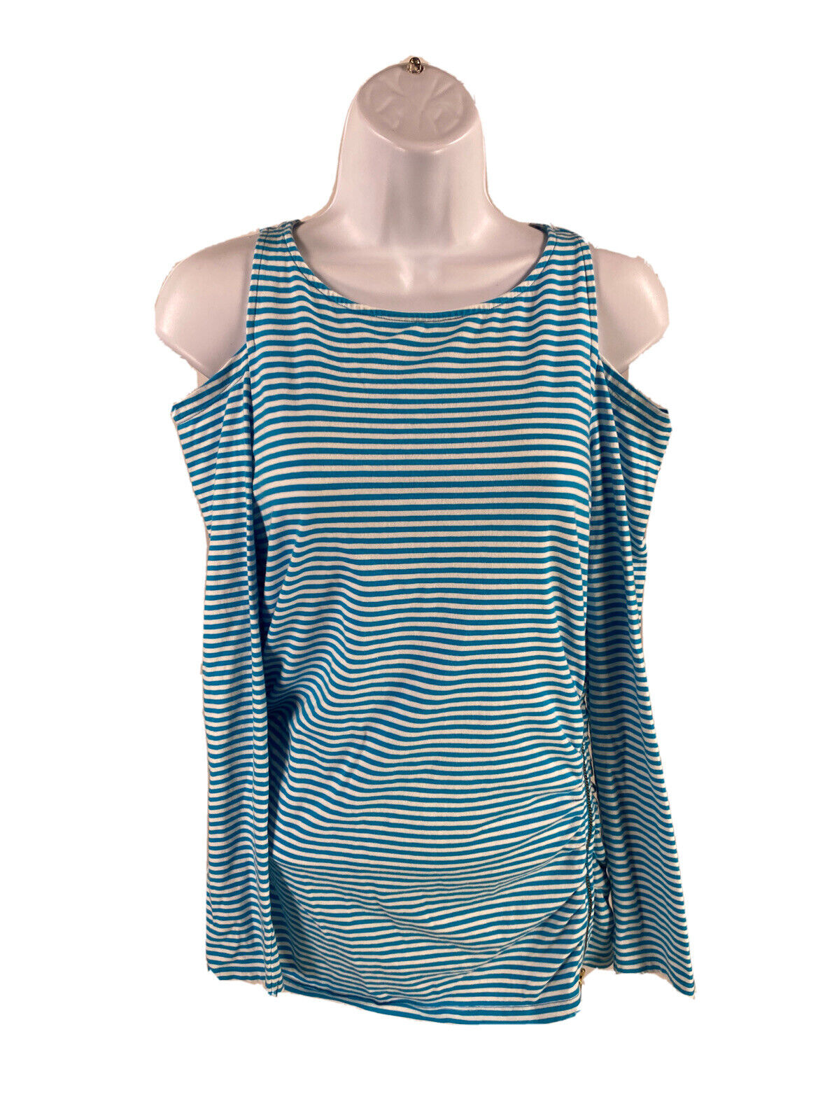 Michael Kors Women's Blue/White Striped Cold Shoulder Side Zip Shirt - S