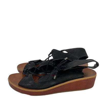 Lucky Brand Women's Black Leather Lace Up Wood Wedge Sandals - 7.5 M