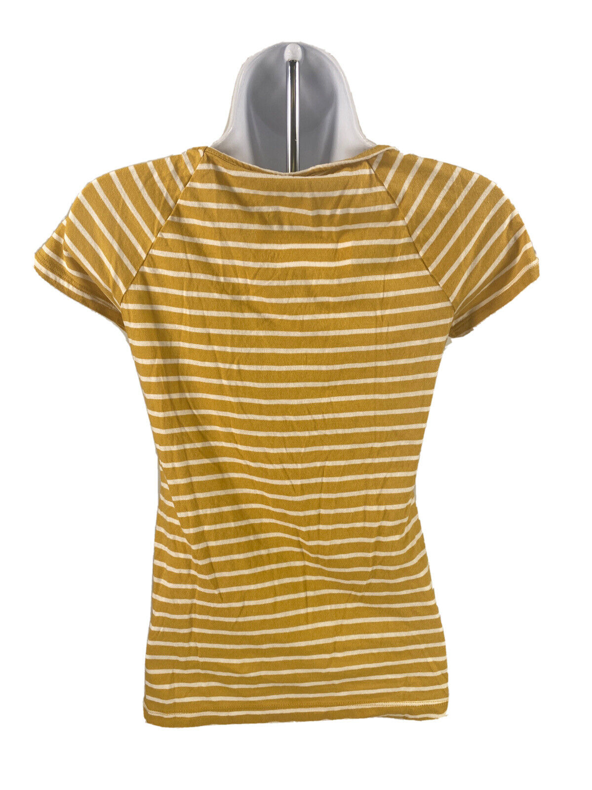 Lucky Brand Camiseta a rayas amarillas/blancas con cuello en V y lazo en la parte delantera para mujer, talla XS