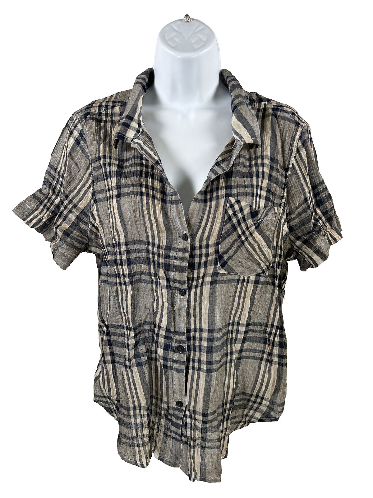 Lucky Brand Women's Gray/Blue Plaid Short Sleeve Button Up Shirt - L