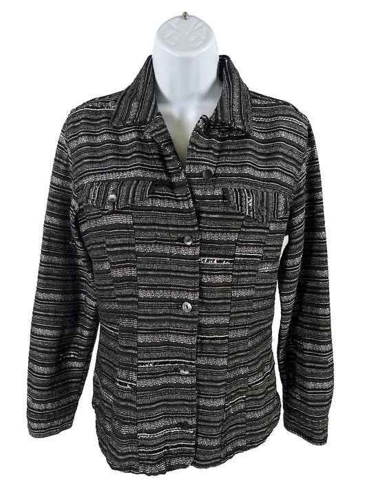 Chico's Women's Black Striped Shimmer Button Up Heavyweight Top - 0/US S