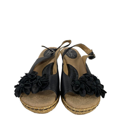 BOC Women's Black Leather Slingback Floral Accent Wedge Sandals - 8