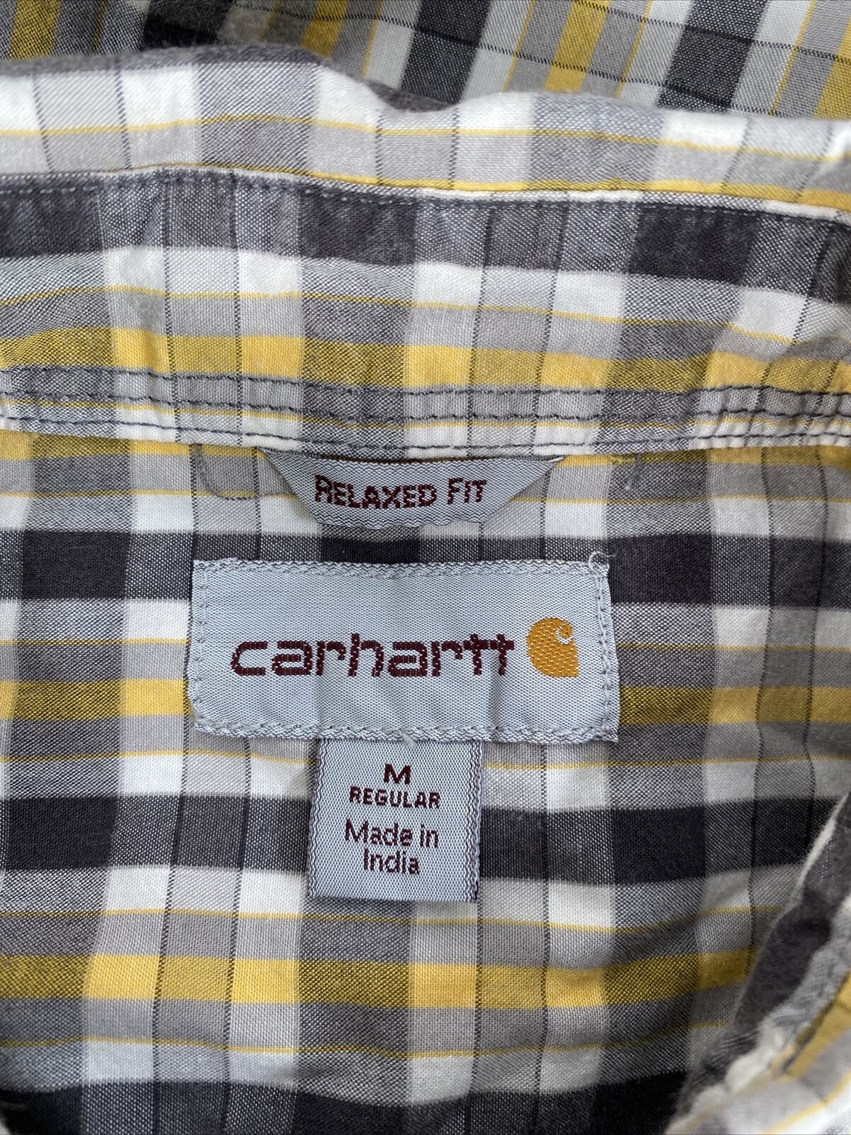 Carhartt Men's Gray/Yellow Short Sleeve Relaxed Fit Button Up Shirt - M