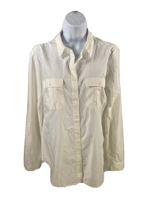 Eddie Bauer Women's White Long Sleeve Nylon Blend Button Up Shirt - L