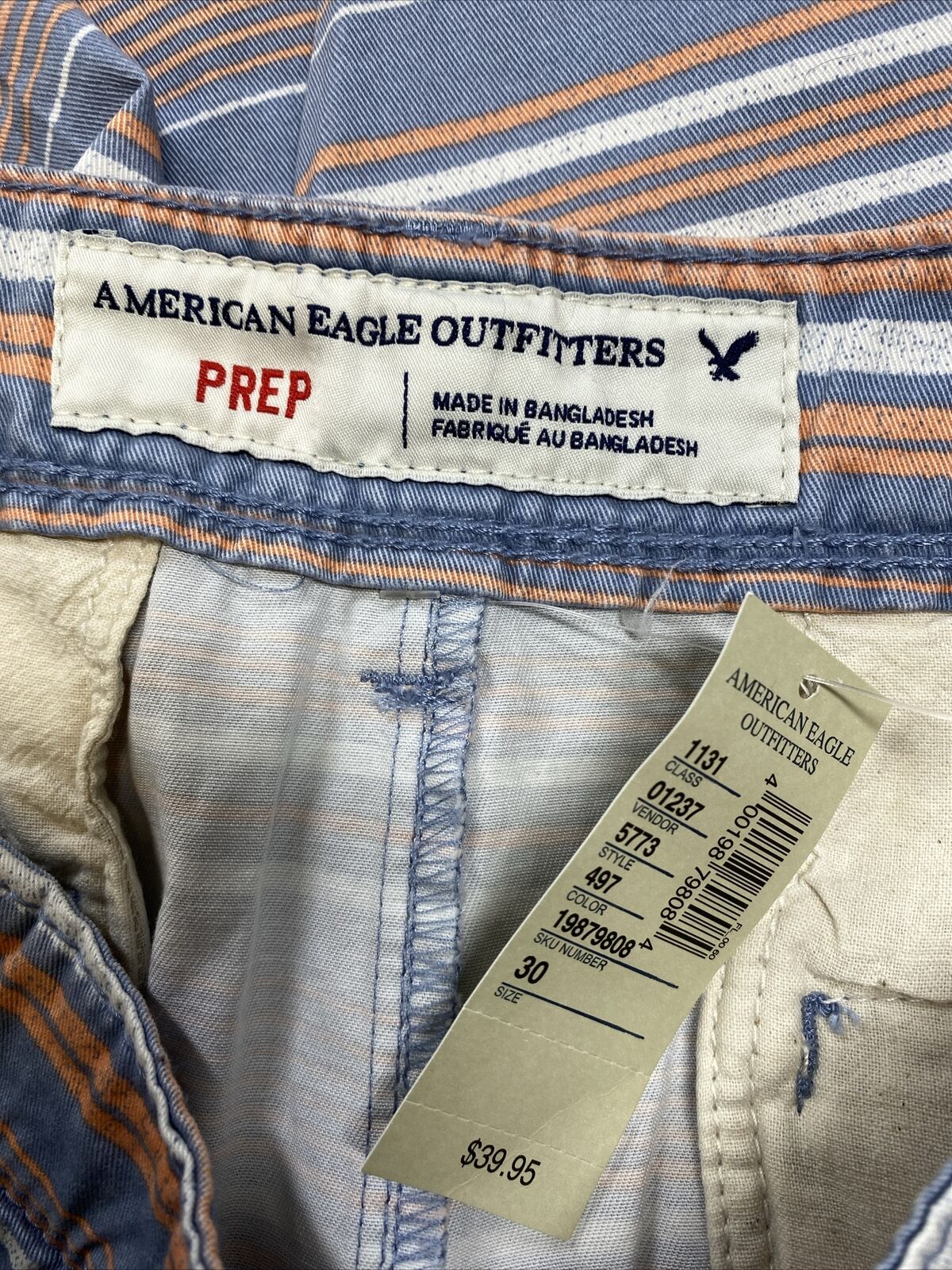NUEVOS pantalones cortos de ajuste prep a rayas azules/naranjas de American Eagle para hombre - 30