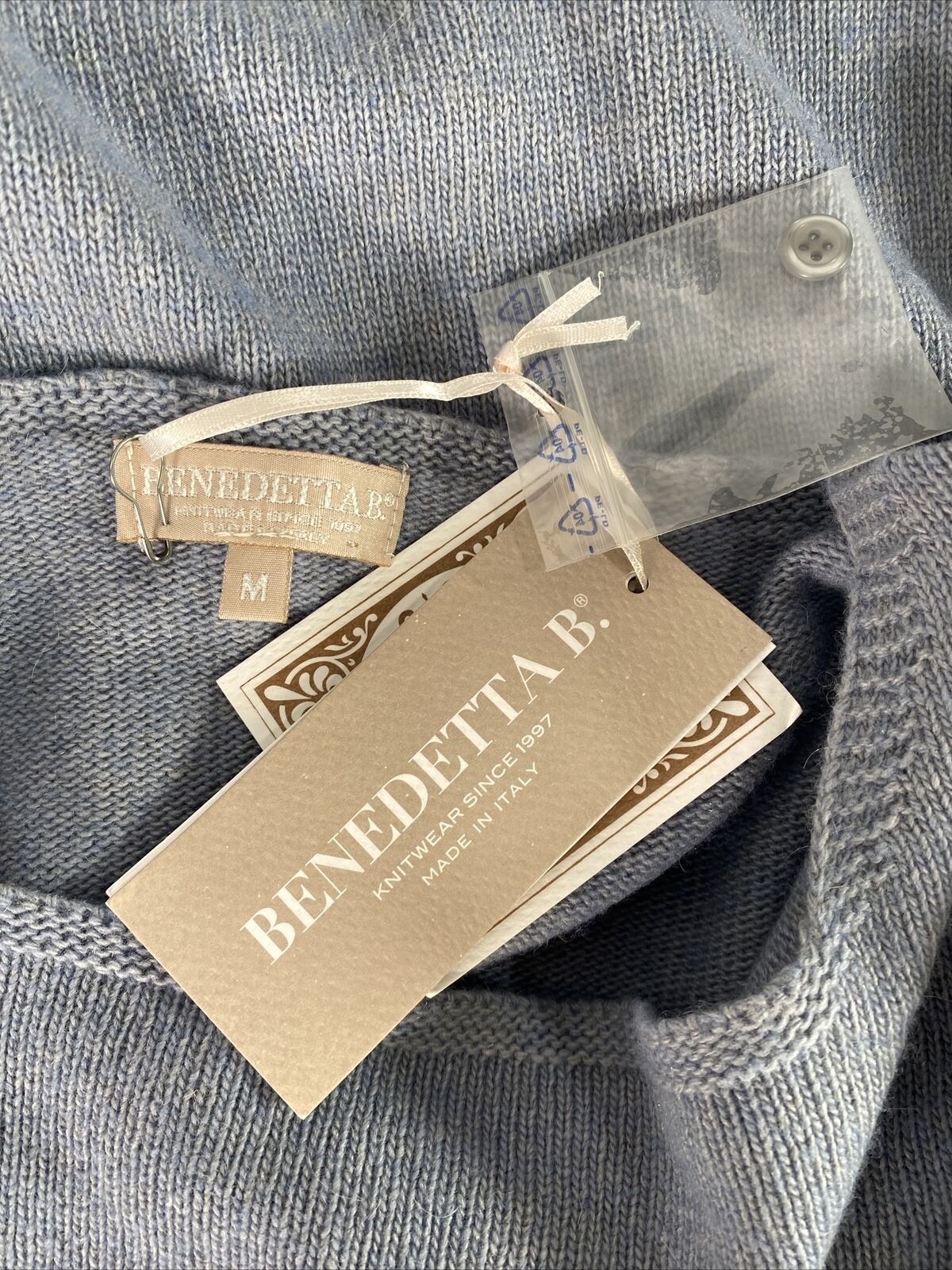 Nuevo Bendetta B Suéter de punto de lana con botones laterales en azul/gris para mujer - M