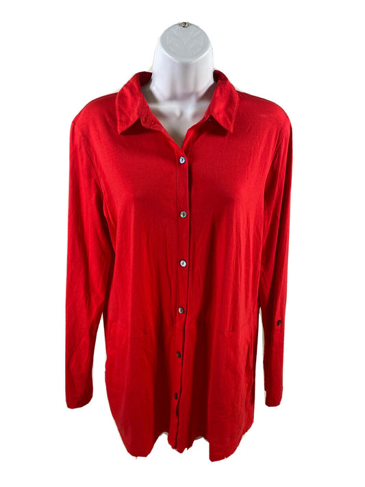 J.Jill Camisa casual roja con botones y manga enrollada para mujer - S
