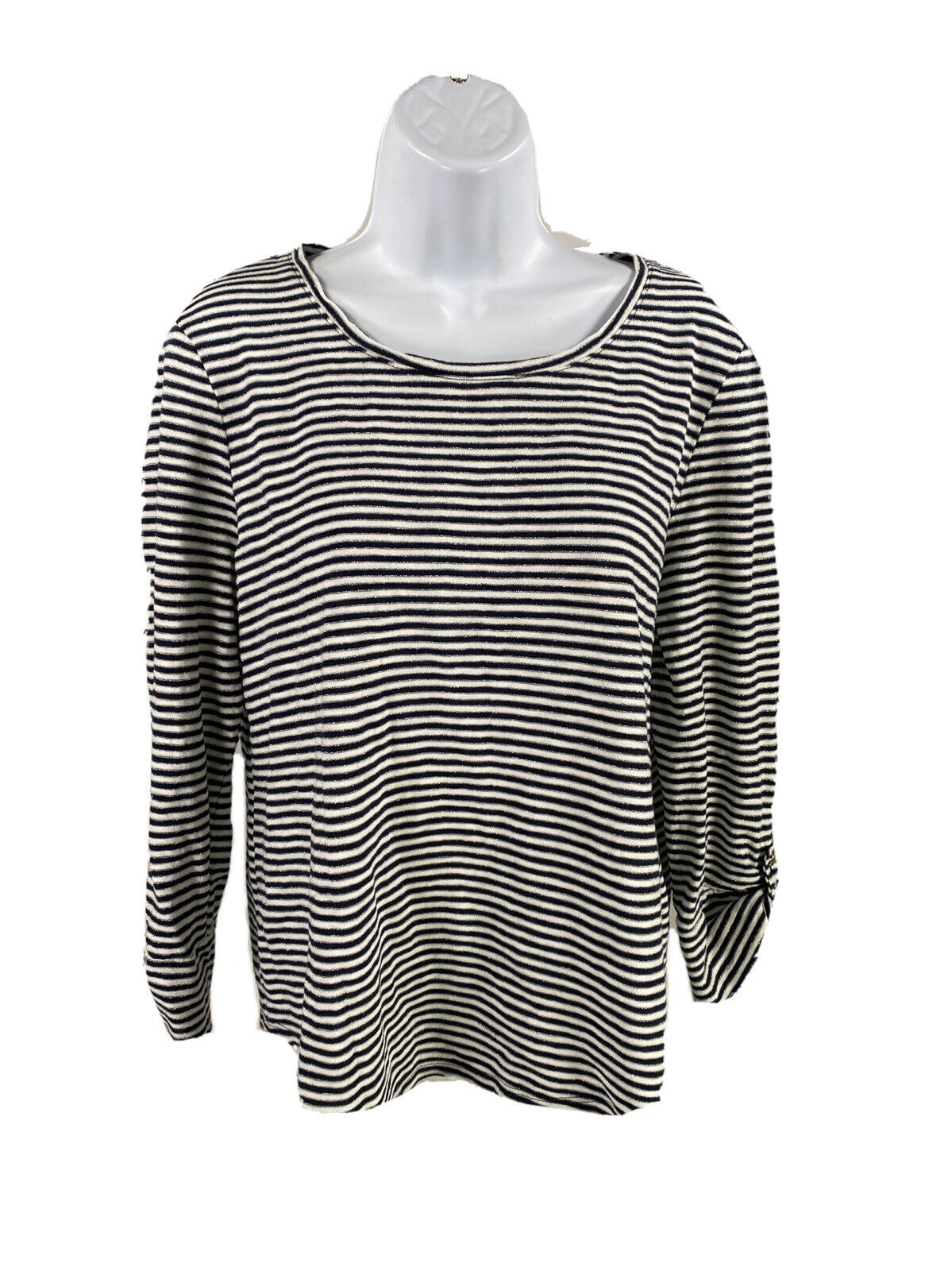 Chico's Women's Blue/Silver Striped 3/4 Sleeve Ultimate Tee Shirt Sz 1/M