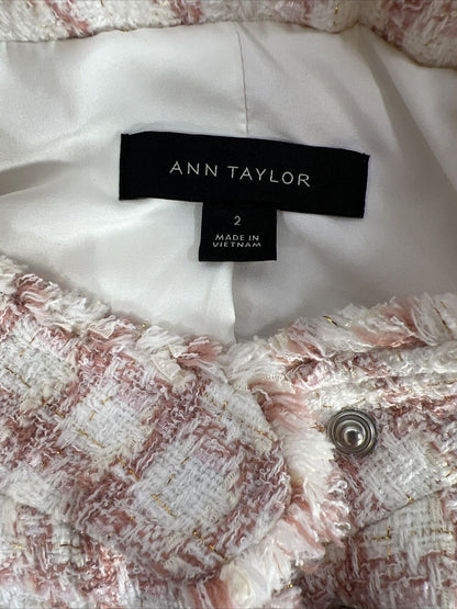 Ann Taylor Women's Pink Plaid Fringe Full Zip Lined Jacket - 2