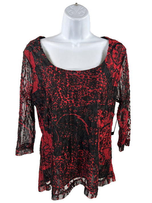 NEW Kiara Women's Red/Black Sheer Lace 3/4 Sleeve Blouse - L