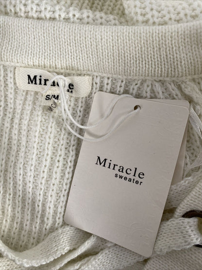 NUEVO Suéter tipo túnica con encaje frontal de punto blanco para mujer de Miracle USA - S/M