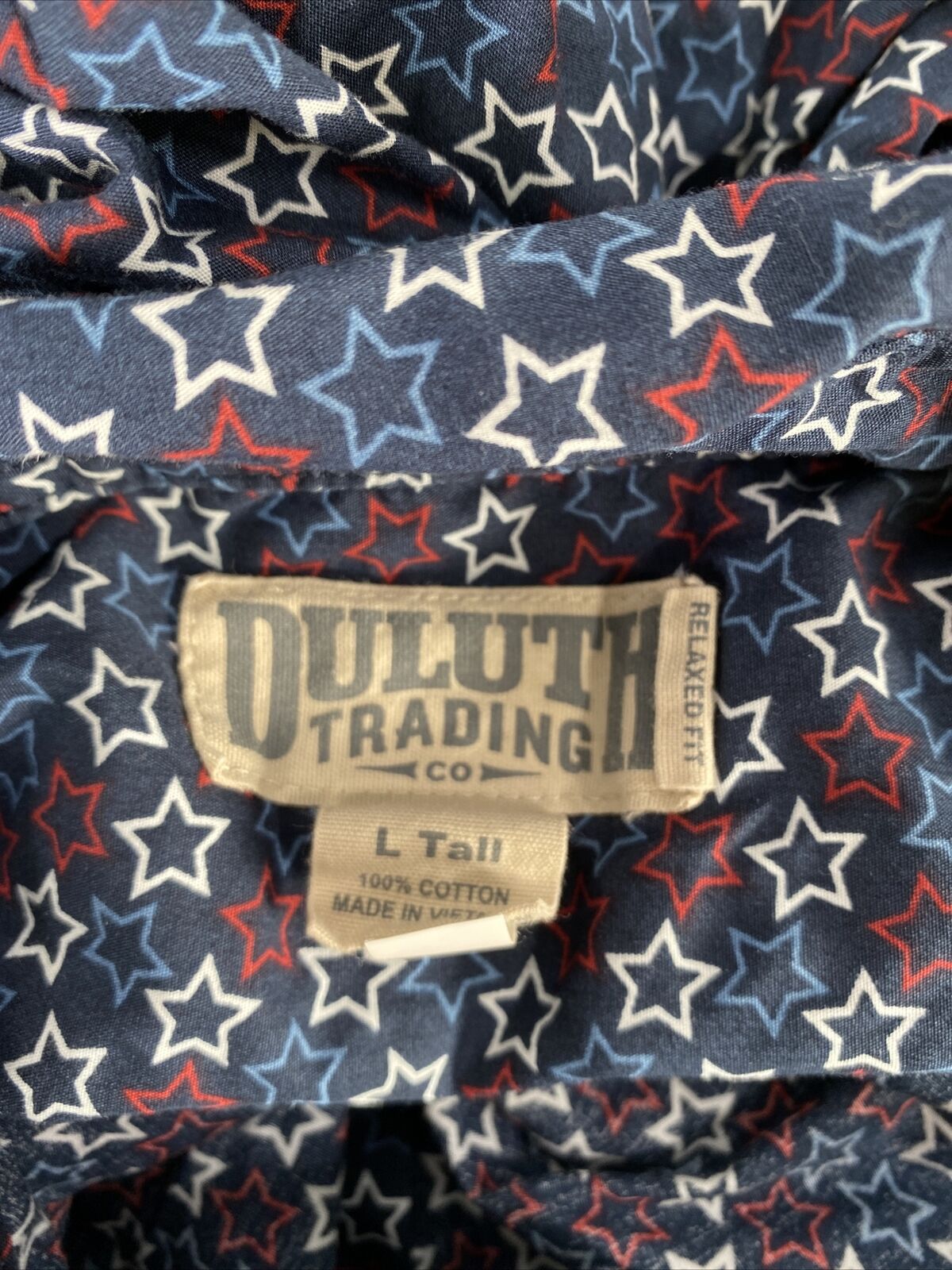 Duluth Trading Men's Blue/Red Star Short Sleeve Button Up Shirt - L Tall