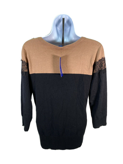 Apartamento NUEVO. 9 Suéter con detalles de encaje de manga larga negro/marrón para mujer talla M
