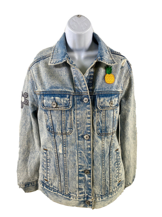 Abercrombie & Fitch Women's Light Wash Distressed Patch Jean Jacket - S