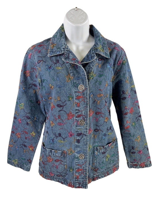Chico's Women's Blue Floral Embroidered Jean Jacket - 0/US S